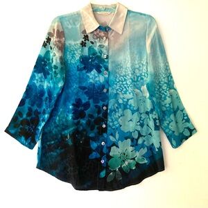 Soft Surroundings Petite Turquoise Floral Silk Blouse Size PS
